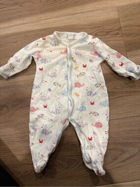 Kissy Kissy Cream Footed One-Piece with Pink, Blue and Yellow Whale Print
